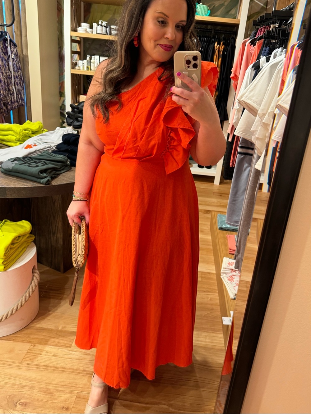 SHOWPO - Dixie Midi Dress One Shoulder Ruffle Linen in Red Orange - 14